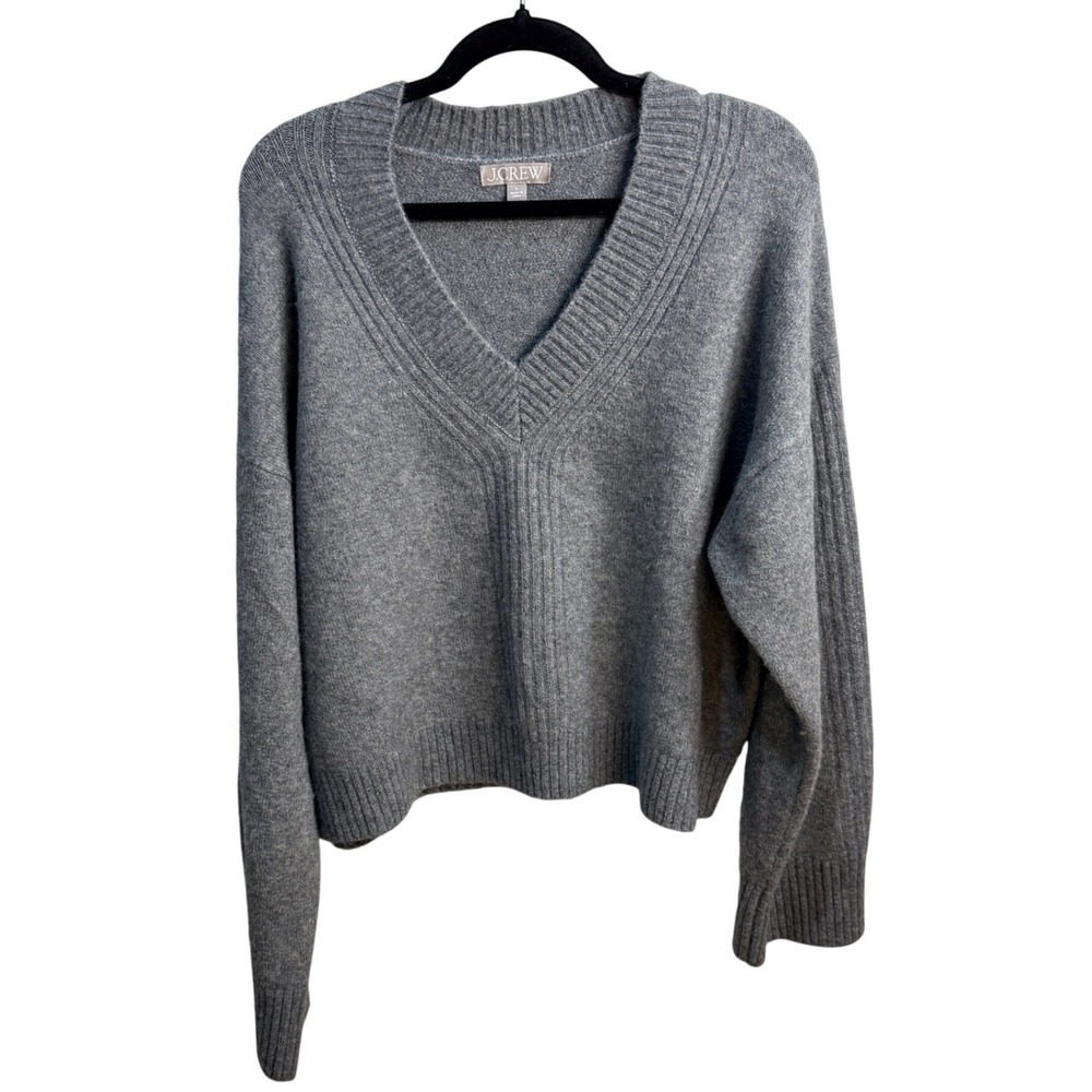 J Crew Grey V Neck Cropped Sweater Women Ribbed Trim Knit Cozy Casual Sz Large